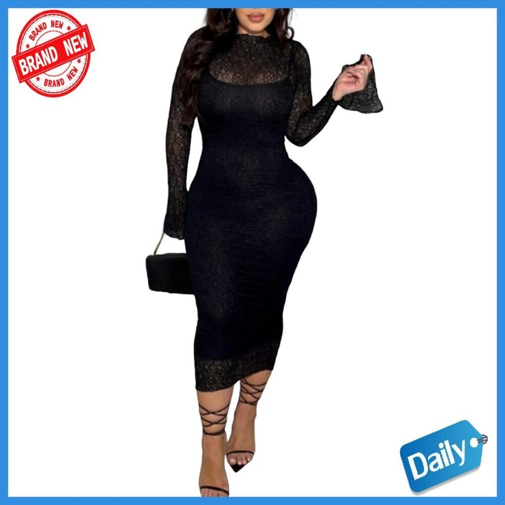 2 Piece Lace Bodycon Midi Dress Set Long Sleeve Floral Cover Up